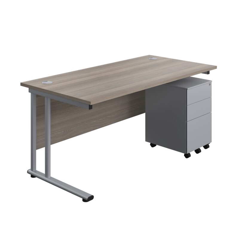 Twin Upright Rectangular Desk + Under Desk Steel Pedestal 3 Drawers | 1600X800 | Grey Oak/Silver