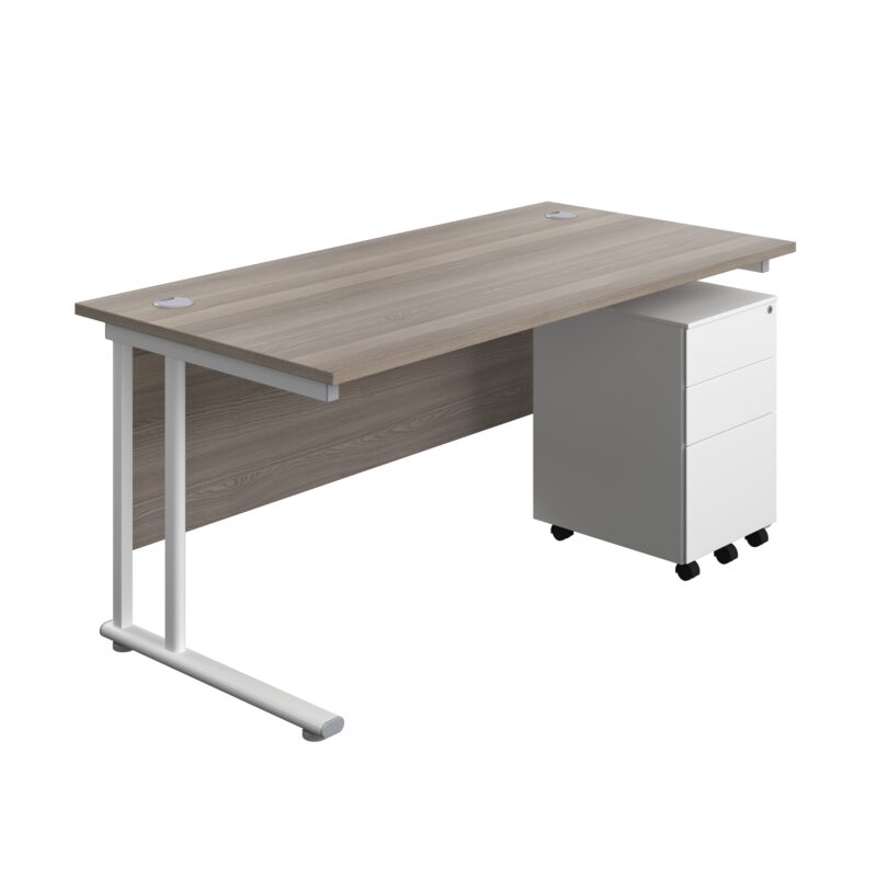 Twin Upright Rectangular Desk + Under Desk Steel Pedestal 3 Drawers | 1600X800 | Grey Oak/White