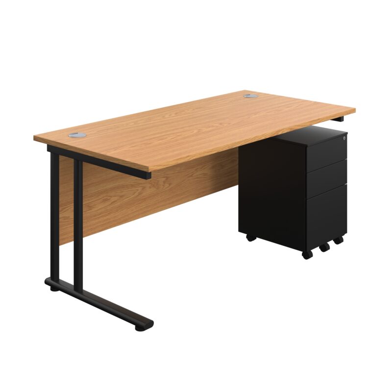 Twin Upright Rectangular Desk + Under Desk Steel Pedestal 3 Drawers | 1600X800 | Nova Oak/Black