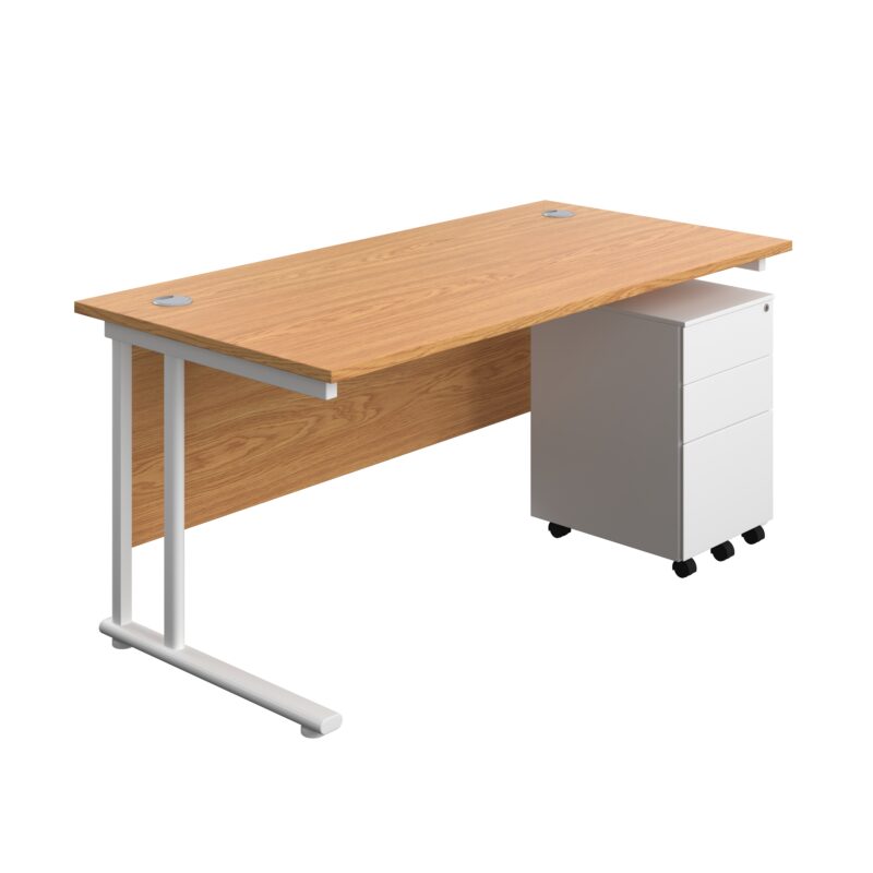 Twin Upright Rectangular Desk + Under Desk Steel Pedestal 3 Drawers | 1600X800 | Nova Oak/White