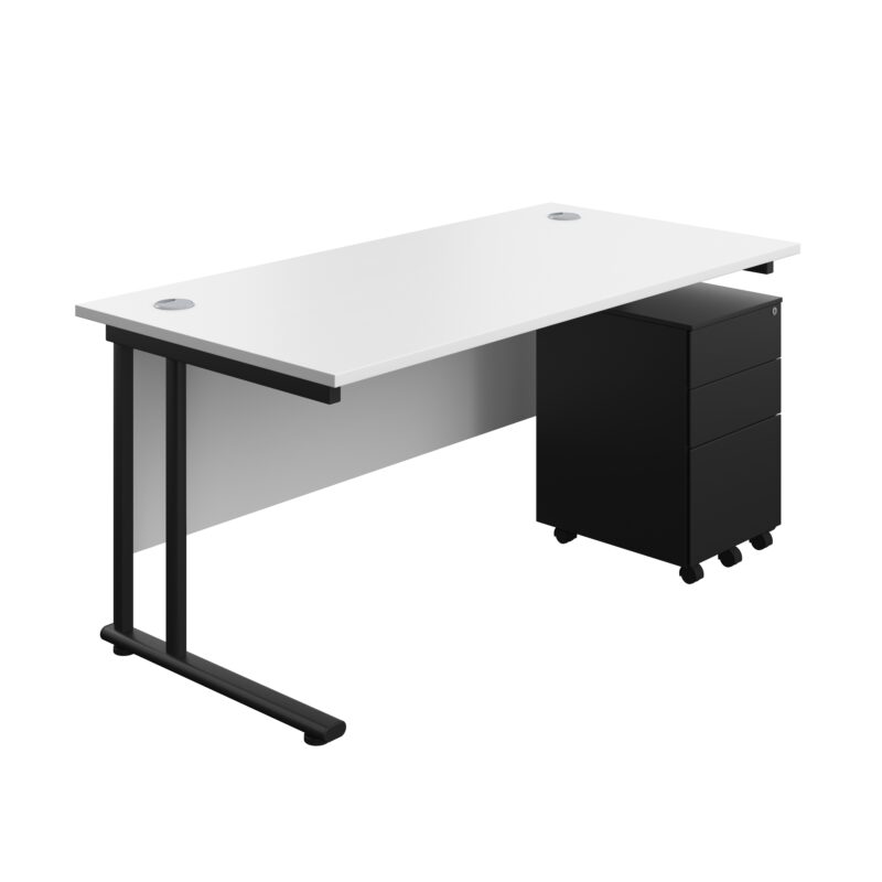 Twin Upright Rectangular Desk + Under Desk Steel Pedestal 3 Drawers | 1600X800 | White/Black