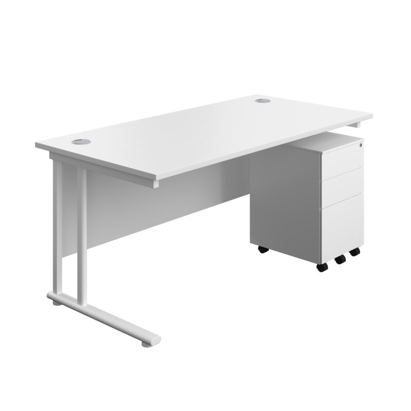 Twin Upright Rectangular Desk + Under Desk Steel Pedestal 3 Drawers | 1600X800 | White/White