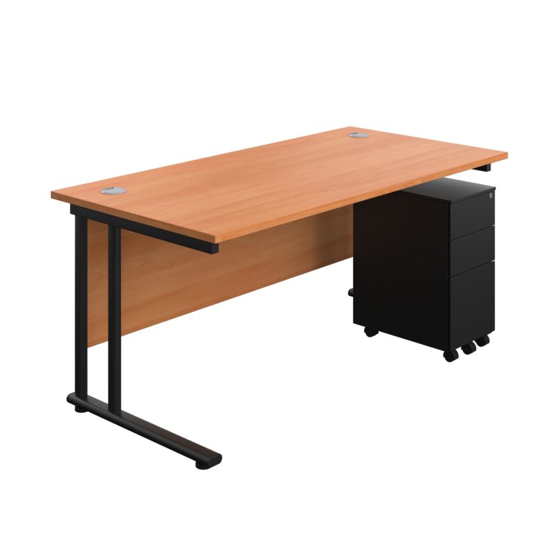 Twin Upright Rectangular Desk + Slimline Steel Pedestal 3 Drawers | 1600X800 | Beech/Black