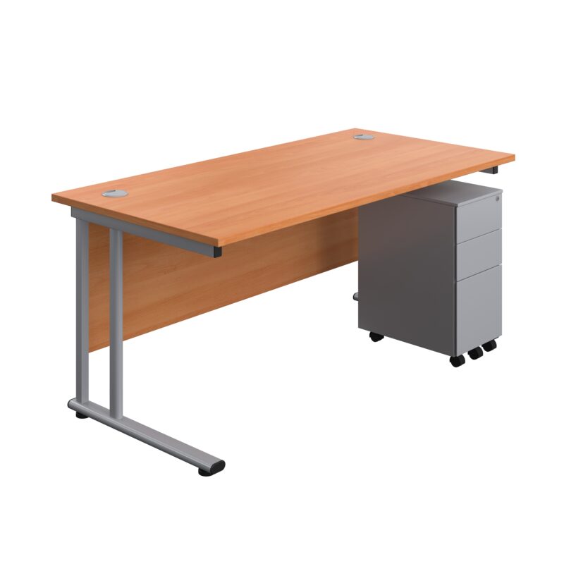 Twin Upright Rectangular Desk + Slimline Steel Pedestal 3 Drawers | 1600X800 | Beech/Silver