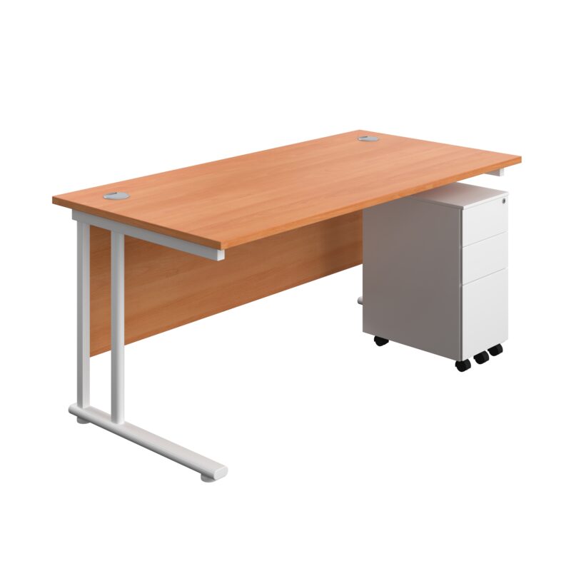 Twin Upright Rectangular Desk + Slimline Steel Pedestal 3 Drawers | 1600X800 | Beech/White