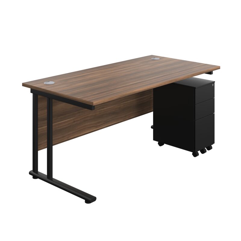 Twin Upright Rectangular Desk + Slimline Steel Pedestal 3 Drawers | 1600X800 | Dark Walnut/Black