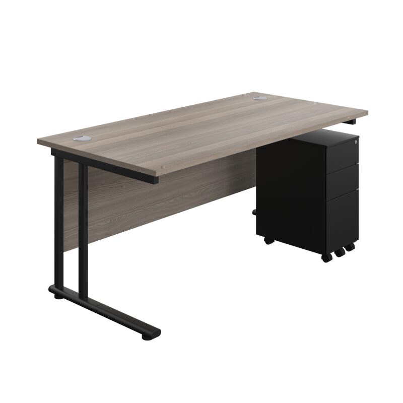 Twin Upright Rectangular Desk + Slimline Steel Pedestal 3 Drawers | 1600X800 | Grey Oak/Black