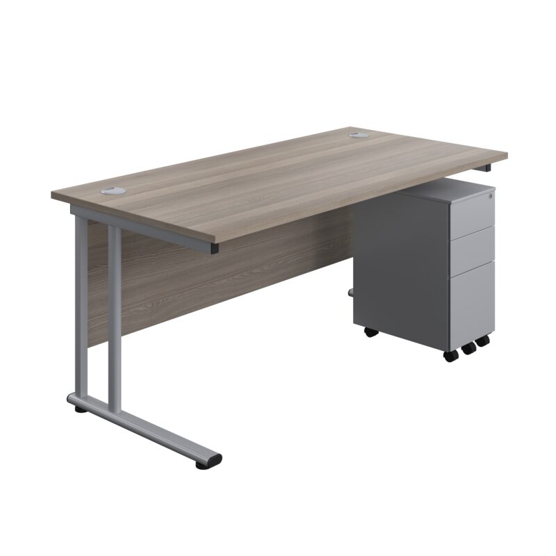 Twin Upright Rectangular Desk + Slimline Steel Pedestal 3 Drawers | 1600X800 | Grey Oak/Silver