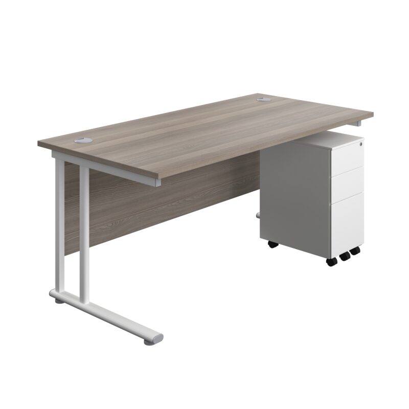 Twin Upright Rectangular Desk + Slimline Steel Pedestal 3 Drawers | 1600X800 | Grey Oak/White