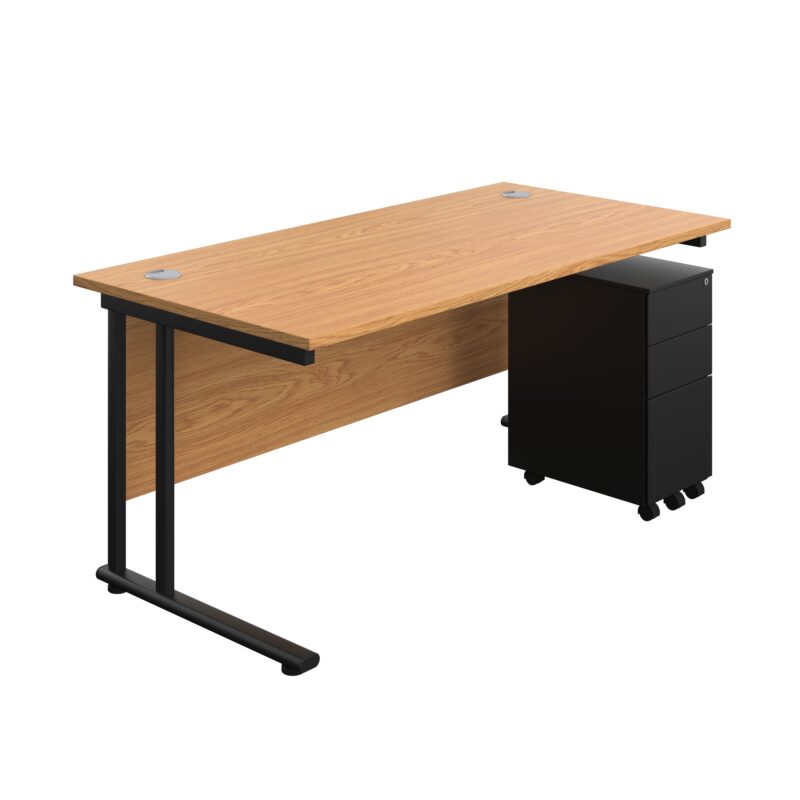 Twin Upright Rectangular Desk + Slimline Steel Pedestal 3 Drawers | 1600X800 | Nova Oak/Black