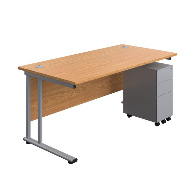 Twin Upright Rectangular Desk + Slimline Steel Pedestal 3 Drawers | 1600X800 | Nova Oak/Silver