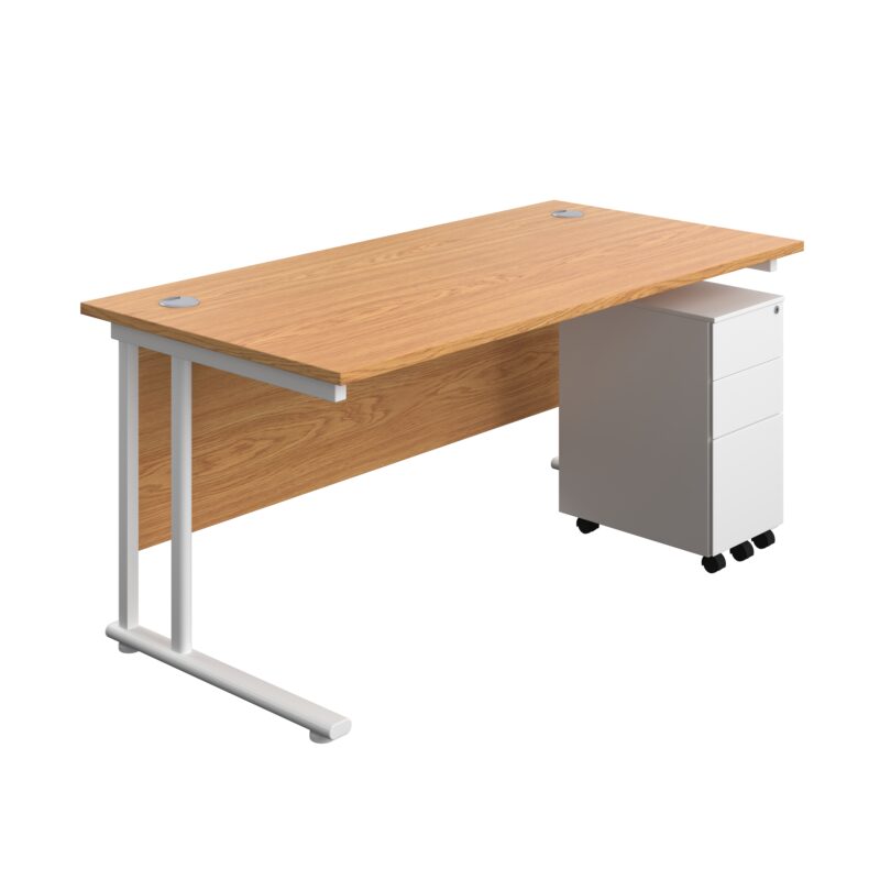 Twin Upright Rectangular Desk + Slimline Steel Pedestal 3 Drawers | 1600X800 | Nova Oak/White