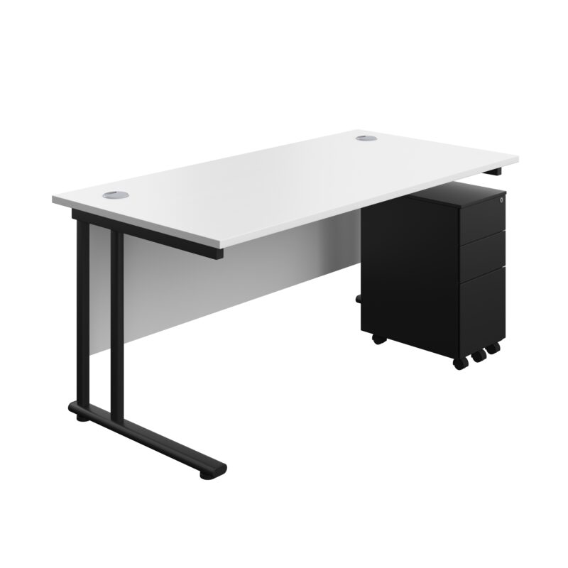 Twin Upright Rectangular Desk + Slimline Steel Pedestal 3 Drawers | 1600X800 | White/Black