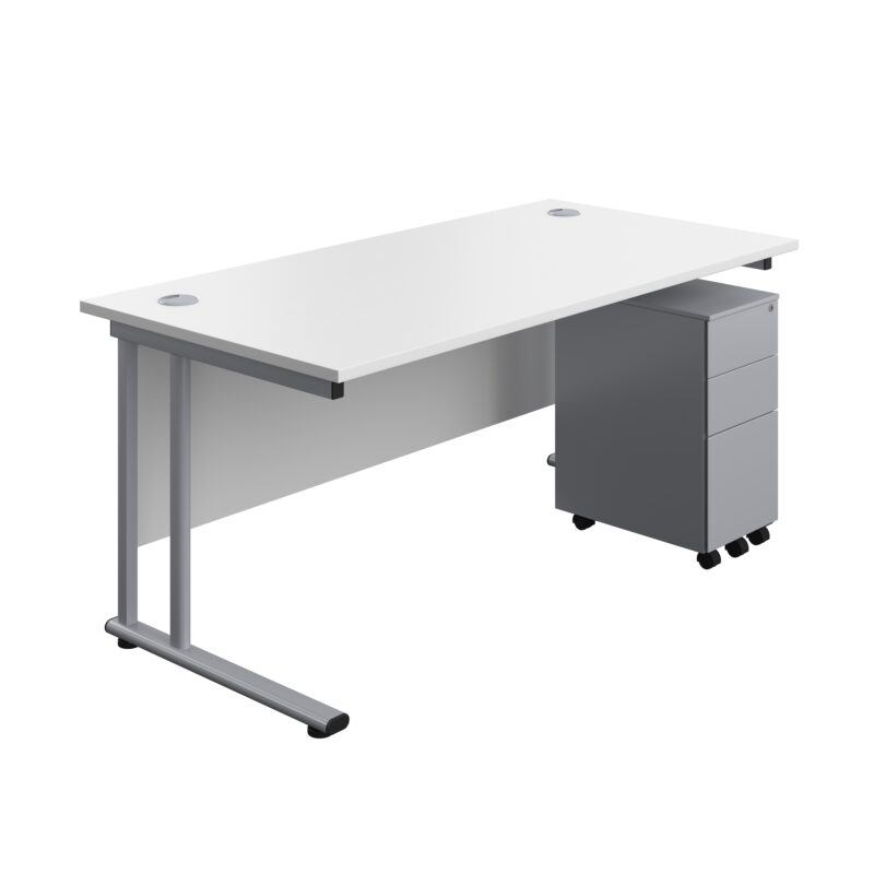 Twin Upright Rectangular Desk + Slimline Steel Pedestal 3 Drawers | 1600X800 | White/Silver