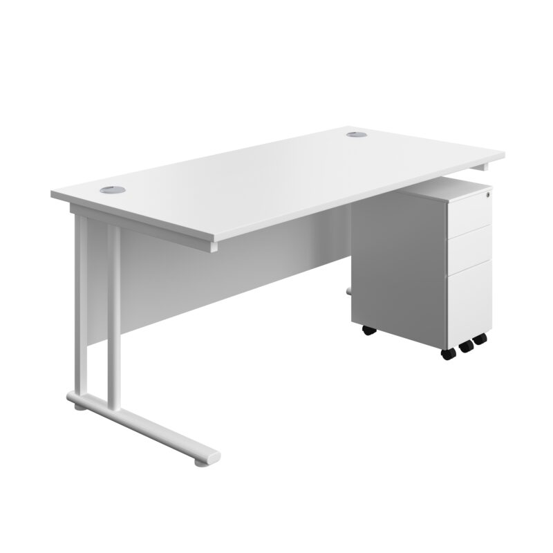 Twin Upright Rectangular Desk + Slimline Steel Pedestal 3 Drawers | 1600X800 | White/White