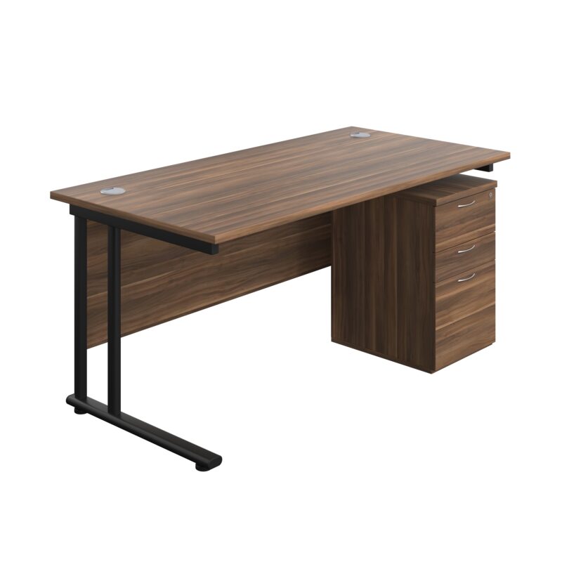 Twin Upright Rectangular Desk + High Mobile Pedestal 3 Drawer | 1600X800 | Dark Walnut/Black