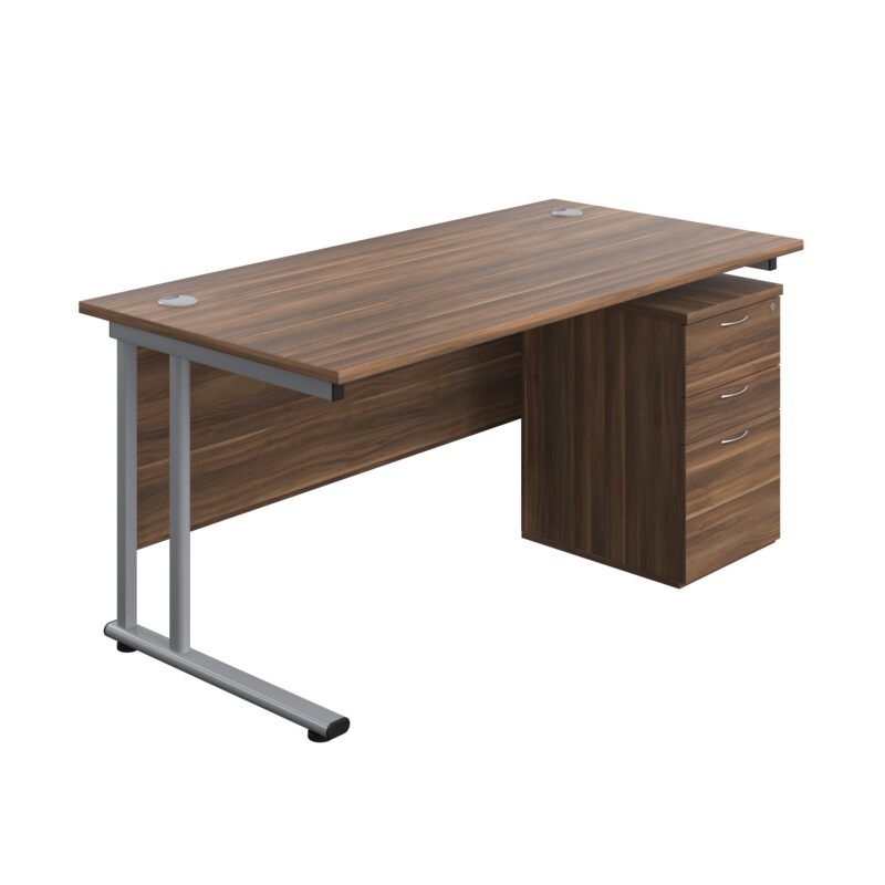 Twin Upright Rectangular Desk + High Mobile Pedestal 3 Drawer | 1600X800 | Dark Walnut/Silver