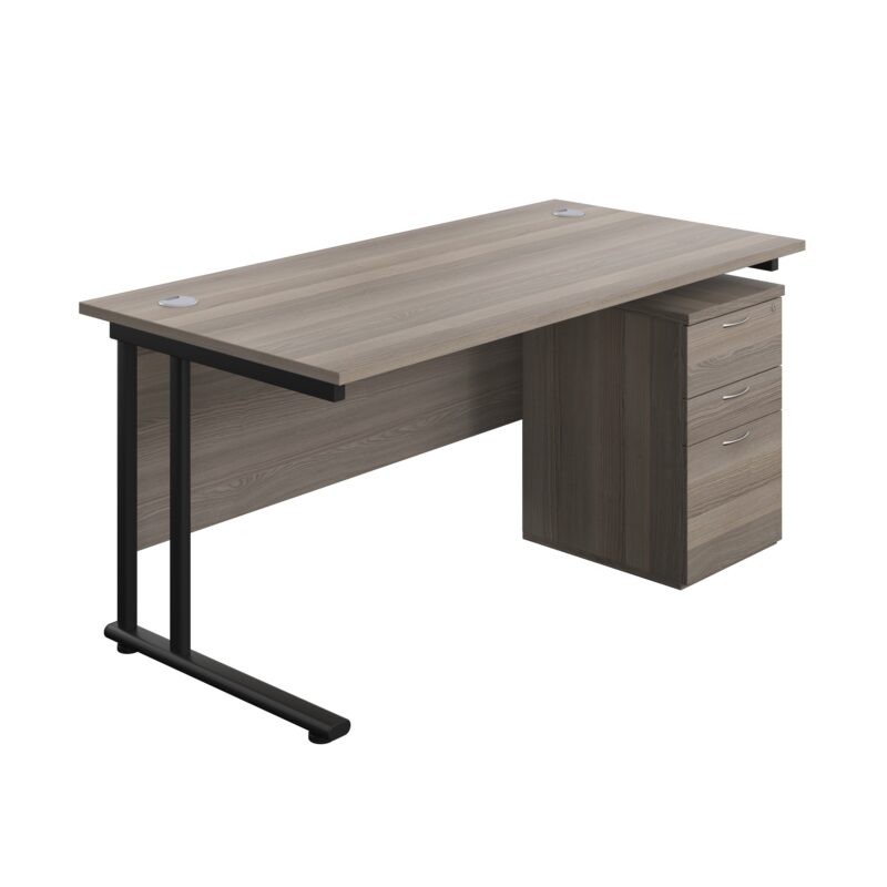 Twin Upright Rectangular Desk + High Mobile Pedestal 3 Drawer | 1600X800 | Grey Oak/Black