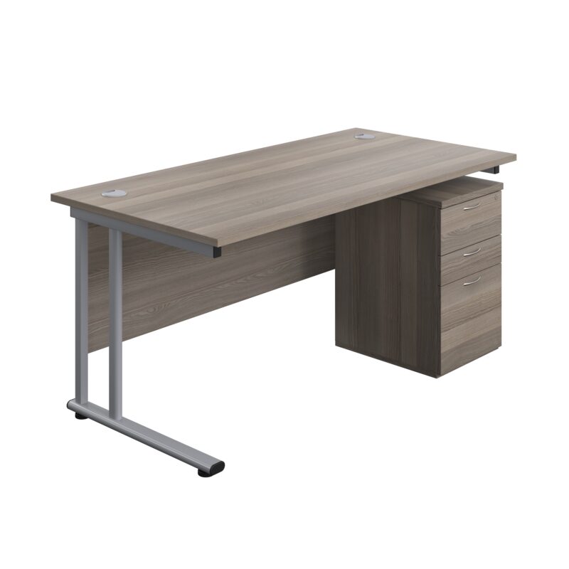 Twin Upright Rectangular Desk + High Mobile Pedestal 3 Drawer | 1600X800 | Grey Oak/Silver