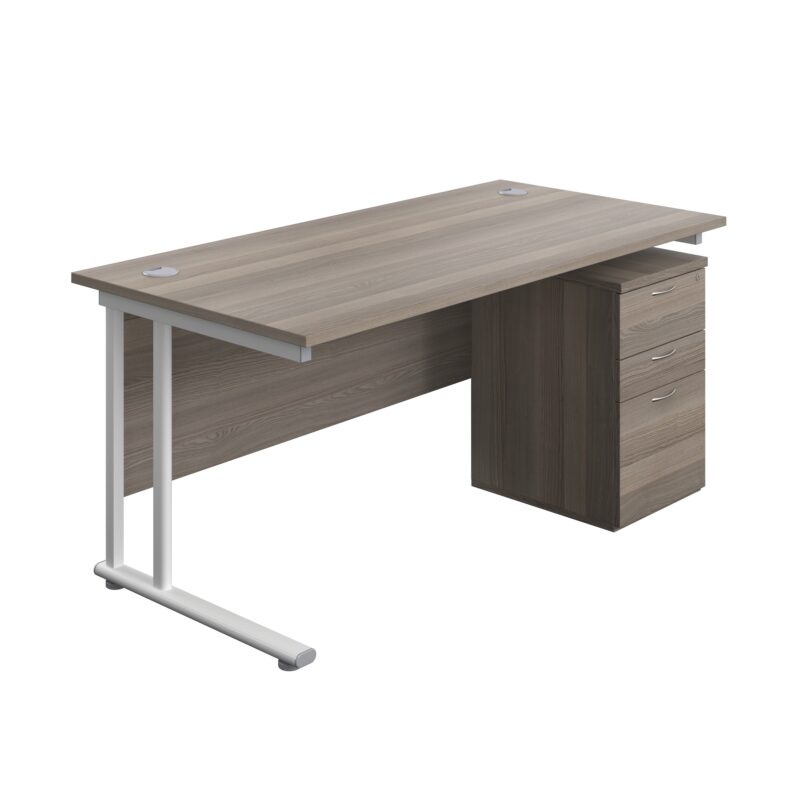 Twin Upright Rectangular Desk + High Mobile Pedestal 3 Drawer | 1600X800 | Grey Oak/White