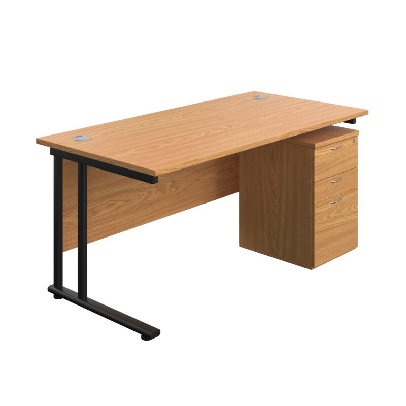 Twin Upright Rectangular Desk + High Mobile Pedestal 3 Drawer | 1600X800 | Nova Oak/Black