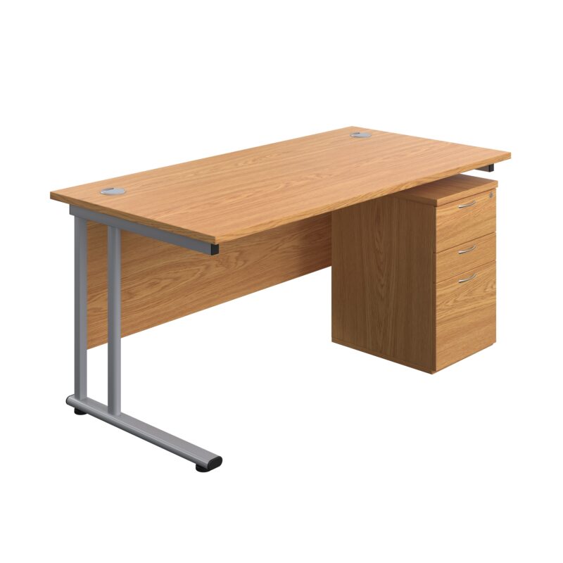 Twin Upright Rectangular Desk + High Mobile Pedestal 3 Drawer | 1600X800 | Nova Oak/Silver