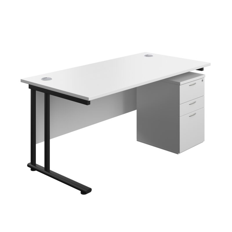 Twin Upright Rectangular Desk + High Mobile Pedestal 3 Drawer | 1600X800 | White/Black