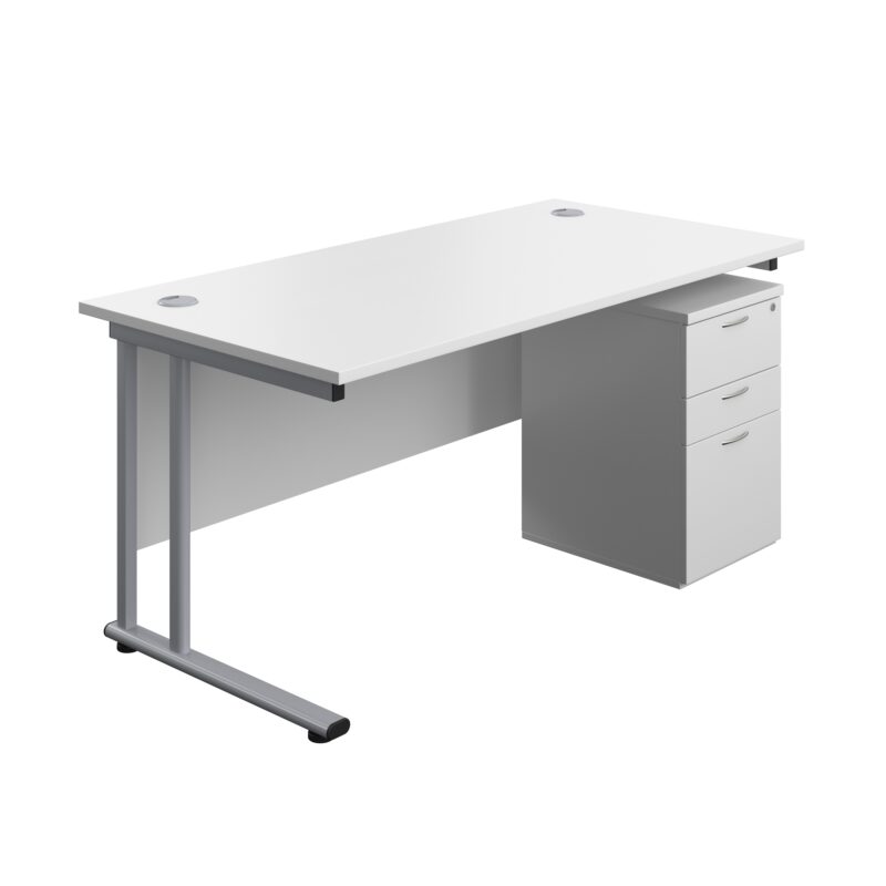 Twin Upright Rectangular Desk + High Mobile Pedestal 3 Drawer | 1600X800 | White/Silver