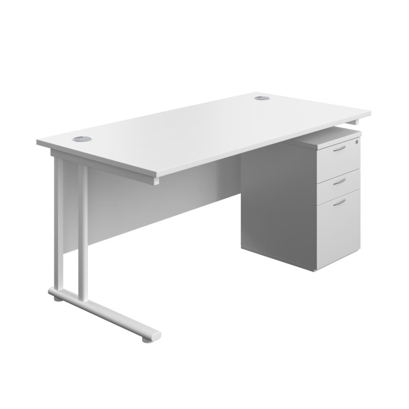 Twin Upright Rectangular Desk + High Mobile Pedestal 3 Drawer | 1600X800 | White/White