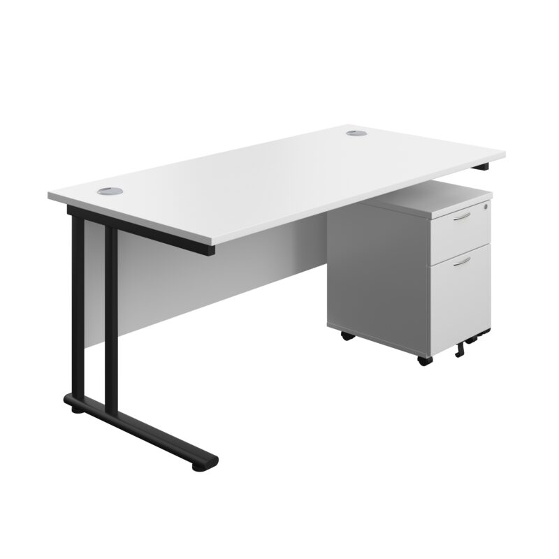 Twin Upright Rectangular Desk + Mobile 2 Drawer Pedestal | 1600X800 | White/Black