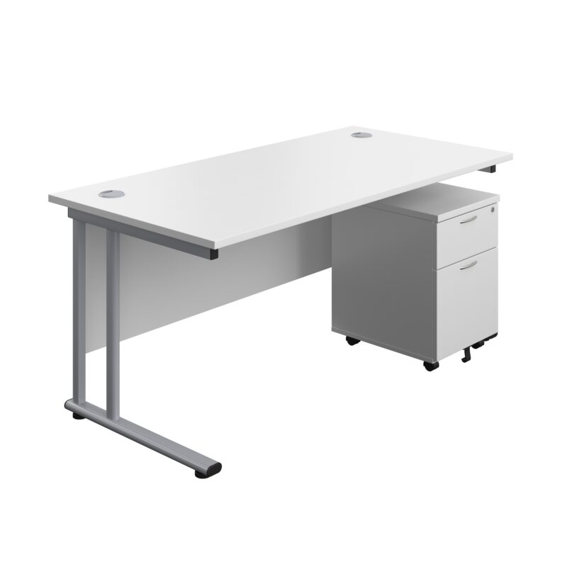 Twin Upright Rectangular Desk + Mobile 2 Drawer Pedestal | 1600X800 | White/Silver