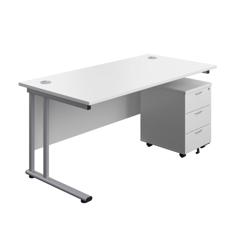 Twin Upright Rectangular Desk + Mobile 3 Drawer Pedestal | 1600X800 | White/Silver