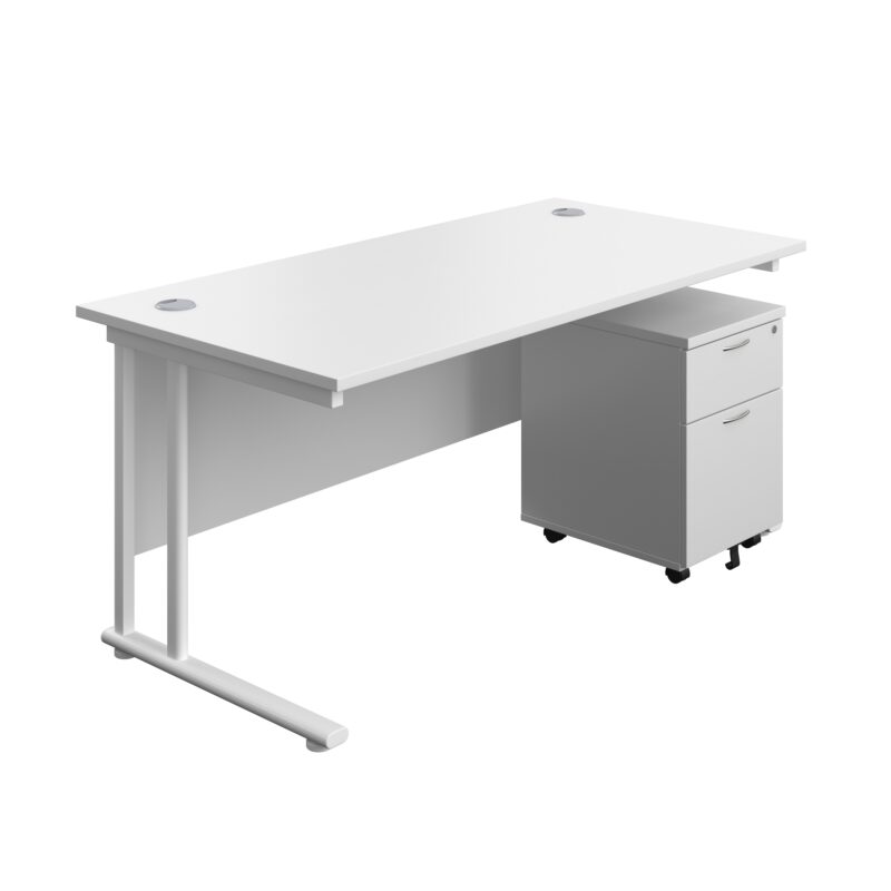 Twin Upright Rectangular Desk + Mobile 2 Drawer Pedestal | 1600X800 | White/White