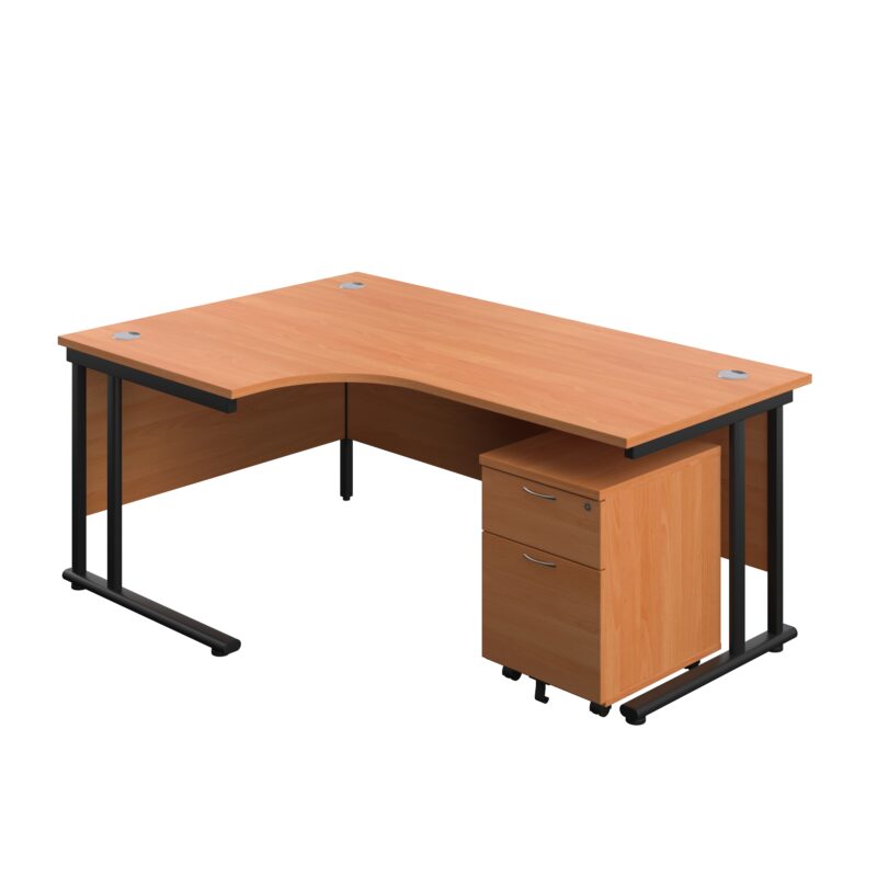 Twin Upright Left Hand Radial Desk + Mobile 2 Drawer Pedestal | 1800X1200 | Beech/Black