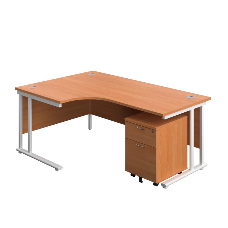 Twin Upright Left Hand Radial Desk + Mobile 2 Drawer Pedestal | 1800X1200 | Beech/White