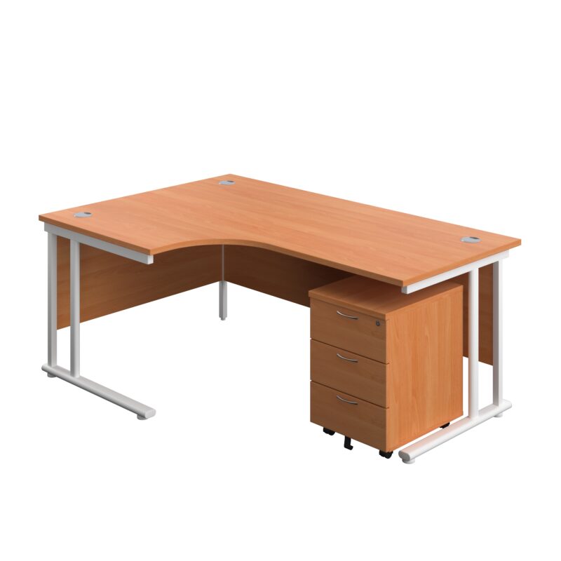 Twin Upright Left Hand Radial Desk + Mobile 3 Drawer Pedestal | 1800X1200 | Beech/White