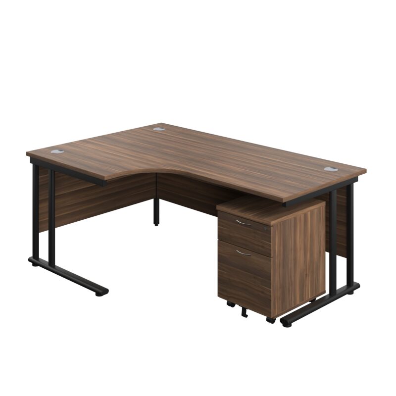 Twin Upright Left Hand Radial Desk + Mobile 2 Drawer Pedestal | 1800X1200 | Dark Walnut/Black