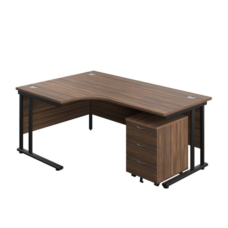 Twin Upright Left Hand Radial Desk + Mobile 3 Drawer Pedestal | 1800X1200 | Dark Walnut/Black