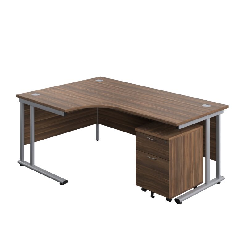 Twin Upright Left Hand Radial Desk + Mobile 2 Drawer Pedestal | 1800X1200 | Dark Walnut/Silver