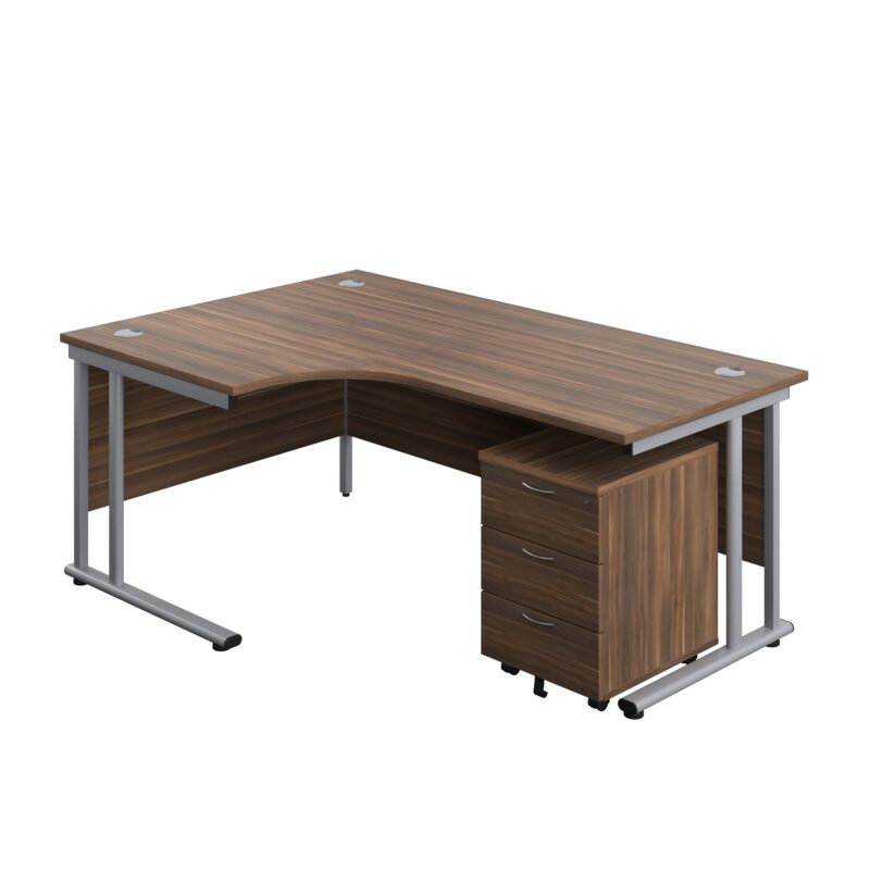 Twin Upright Left Hand Radial Desk + Mobile 3 Drawer Pedestal | 1800X1200 | Dark Walnut/Silver