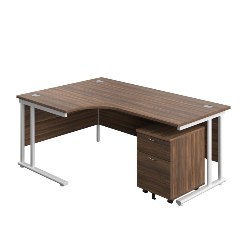 Twin Upright Left Hand Radial Desk + Mobile 2 Drawer Pedestal | 1800X1200 | Dark Walnut/White