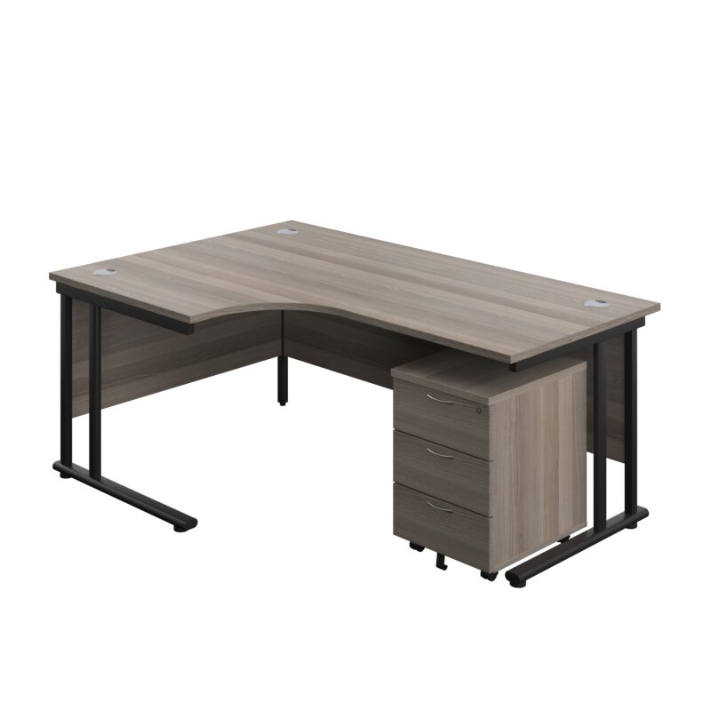 Twin Upright Left Hand Radial Desk + Mobile 3 Drawer Pedestal | 1800X1200 | Grey Oak/Black