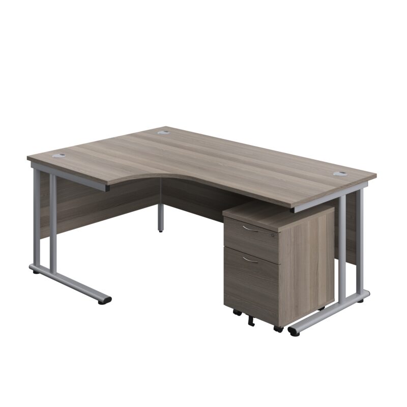 Twin Upright Left Hand Radial Desk + Mobile 2 Drawer Pedestal | 1800X1200 | Grey Oak/Silver