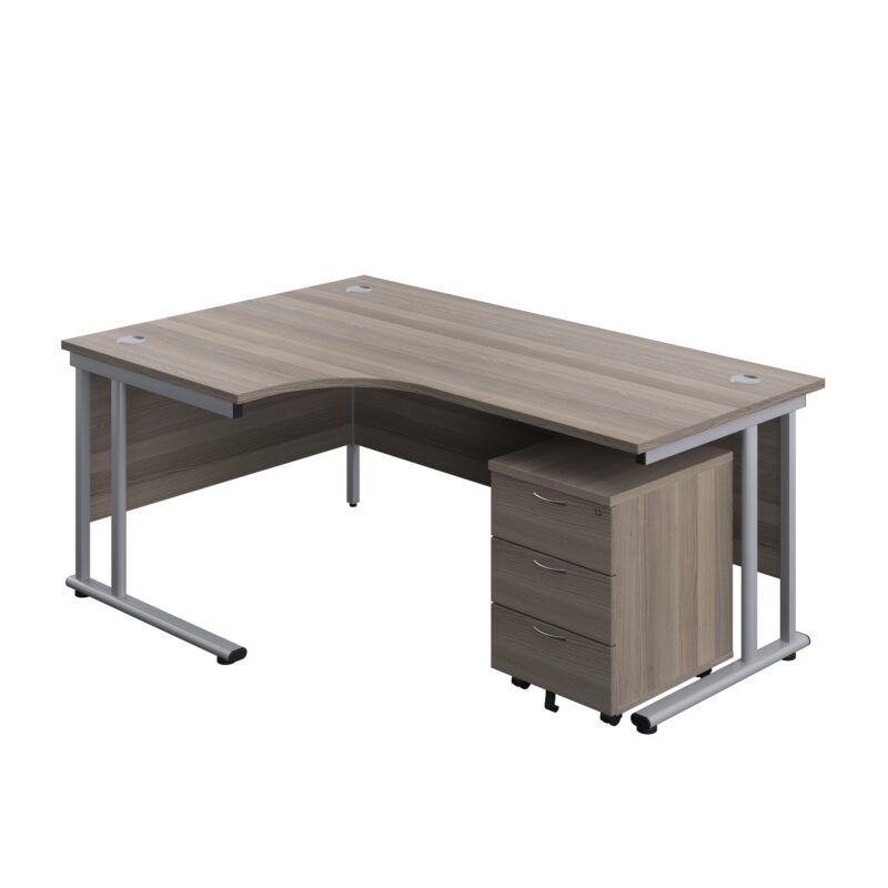 Twin Upright Left Hand Radial Desk + Mobile 3 Drawer Pedestal | 1800X1200 | Grey Oak/Silver