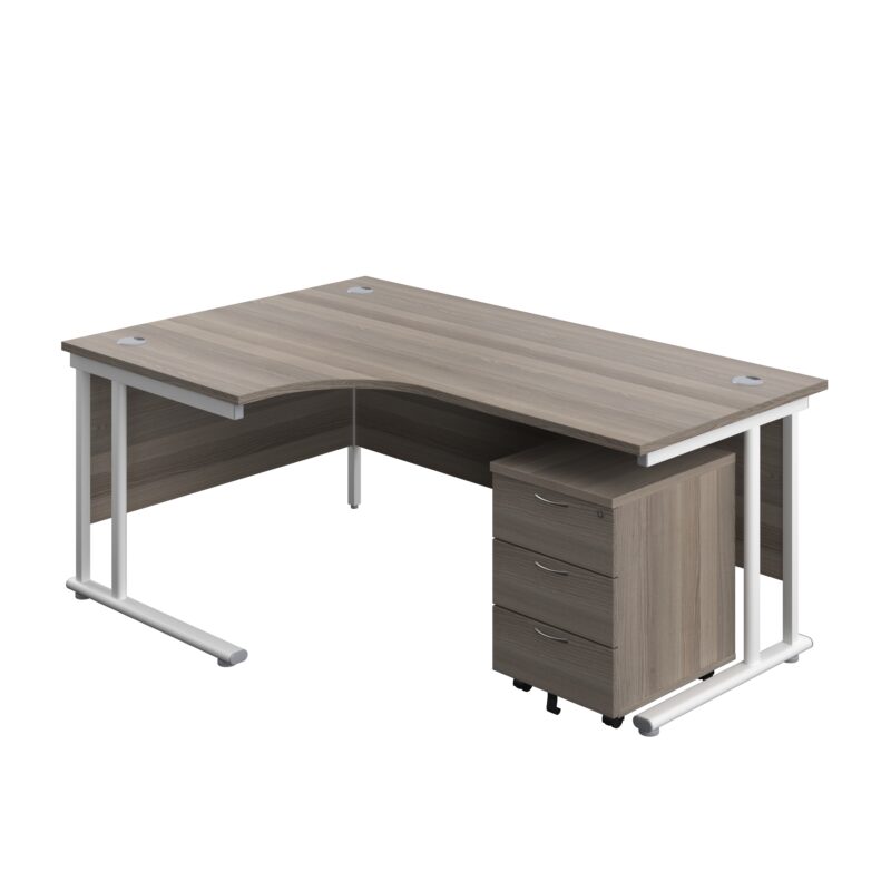 Twin Upright Left Hand Radial Desk + Mobile 3 Drawer Pedestal | 1800X1200 | Grey Oak/White