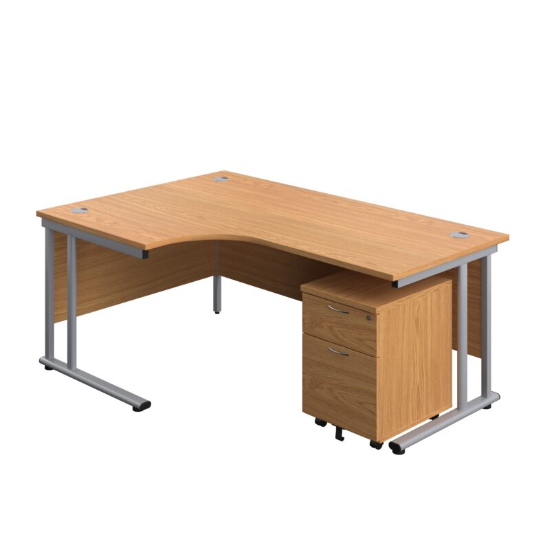 Twin Upright Left Hand Radial Desk + Mobile 2 Drawer Pedestal | 1800X1200 | Nova Oak/Silver