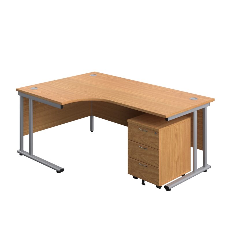 Twin Upright Left Hand Radial Desk + Mobile 3 Drawer Pedestal | 1800X1200 | Nova Oak/Silver