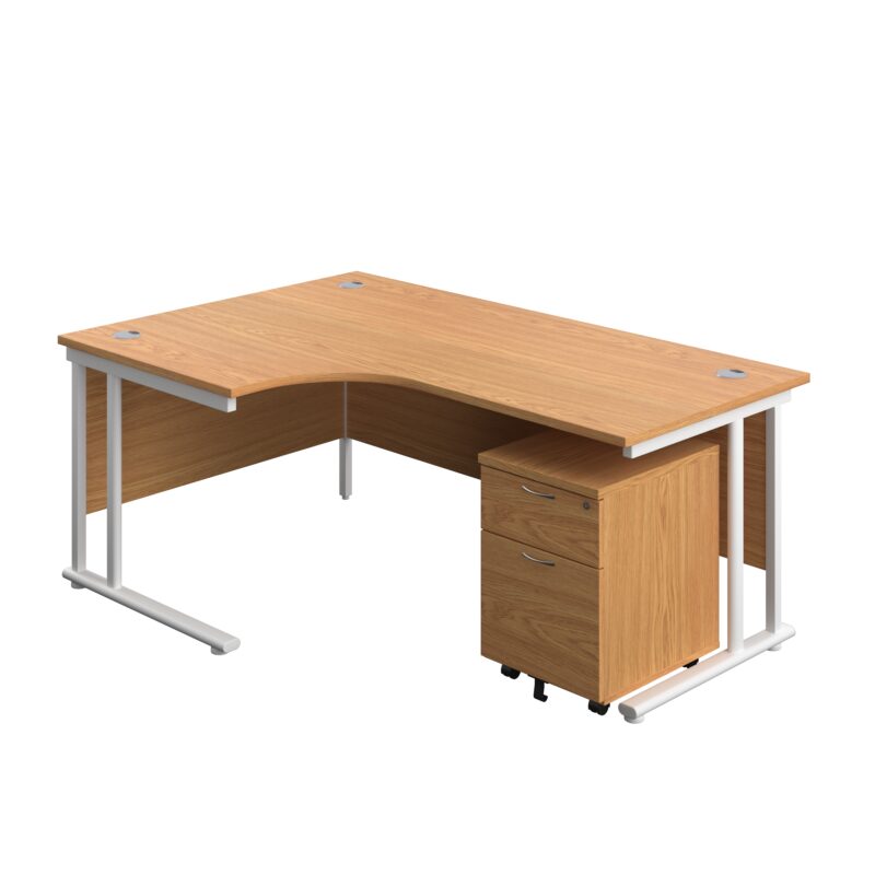 Twin Upright Left Hand Radial Desk + Mobile 2 Drawer Pedestal | 1800X1200 | Nova Oak/White