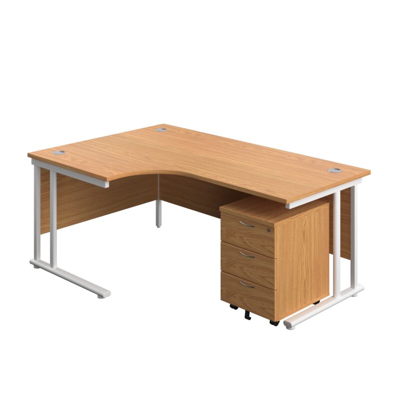 Twin Upright Left Hand Radial Desk + Mobile 3 Drawer Pedestal | 1800X1200 | Nova Oak/White