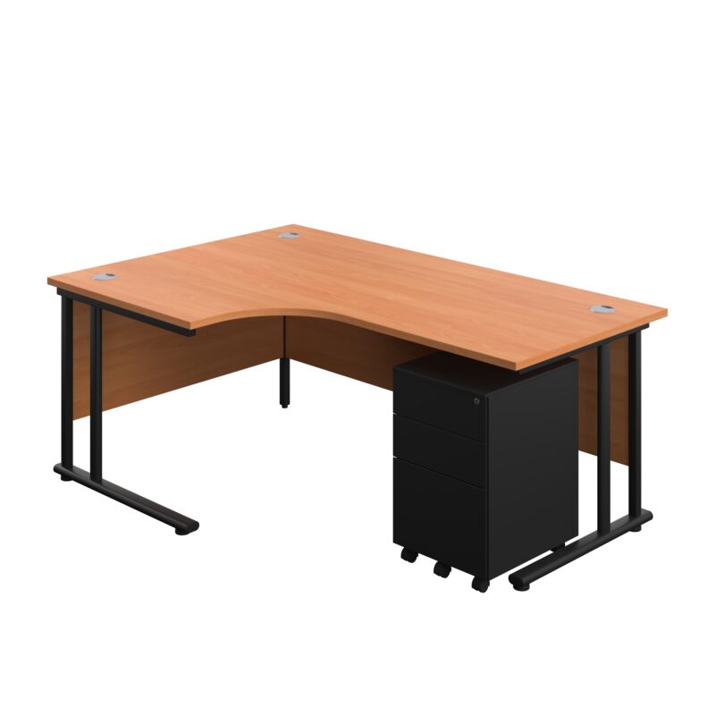 Twin Upright Left Hand Radial Desk + Under Desk Steel Pedestal 3 Drawers | 1800X1200 | Beech/Black